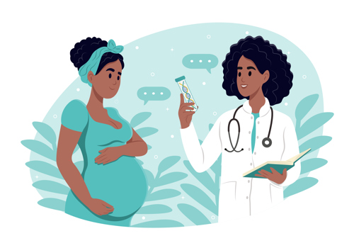 Image of a genetic counselor discussing DNA test results with a pregnant individual