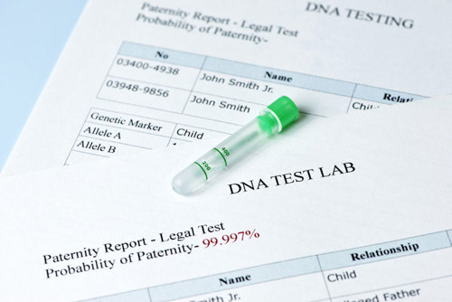 A DNA collection tube on top of paperwork that reports the man having high probability of being the father.