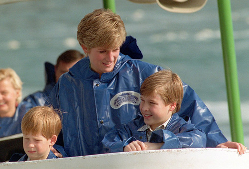 Princess Diana (blonde) with her sons William (brown hair) and Harry (red hair)