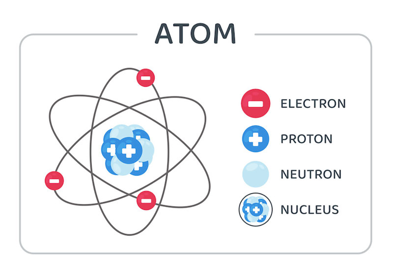 In atoms, electrons orbit a nucleus composed of neutrons and protons.