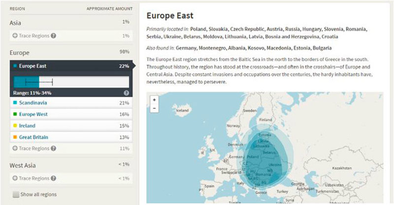 Web browser view of regional ancestry reported by AncestryDNA.