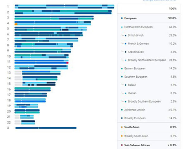 A snapshot of how ancestry is reported by 23andMe.