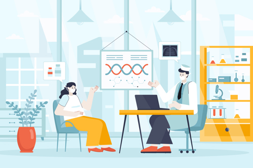 Image of a genetic counselor discussing DNA sequencing results with a patient