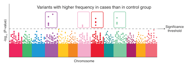 A diagram from a GWAS, with tightly packed dots spread out across 23 horizontal chromosomes. A few dots are separate from the rest, above the significance threshold line.