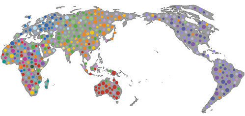 A map overlaid with colored dots representing genetic variation, with the highest diversity in Africa and decreasing diversity farther away.