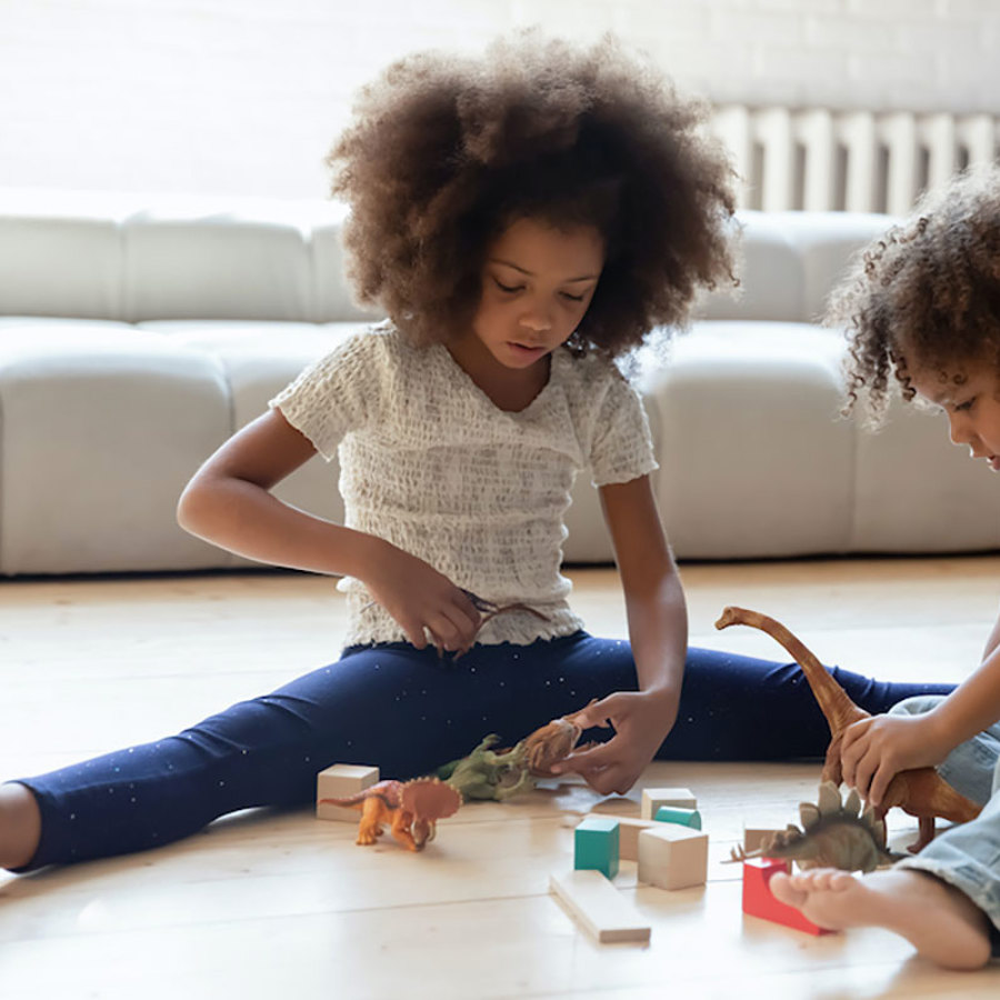 A sister and brother playing with toy blocks.