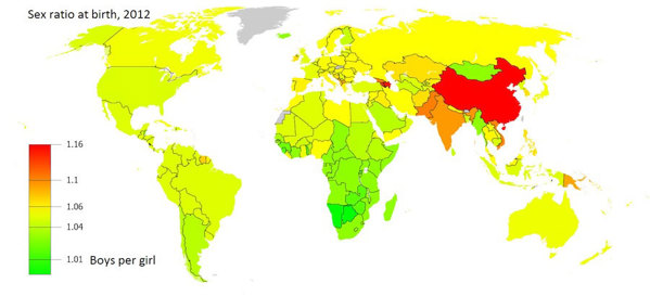 World map showing male/female sex ratio in different countries.