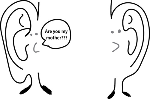 Cartoon of a free earlobe asking an attached earlobe “Are you my mother?”