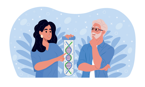Image of a genetic counselor pointing to a gene in a patient's DNA