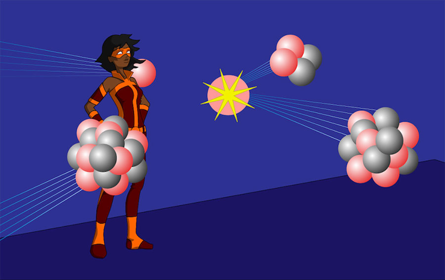 A cartoon superhero stares at atoms that whiz past and collide, resulting in new atoms composed of different sizes