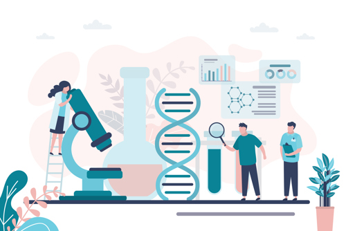Image of scientists studying dna with a microscope and other molecular tools