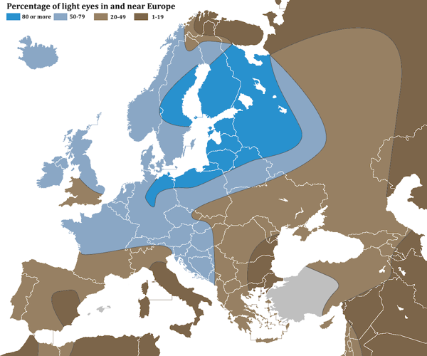 Blue eyes are extremely common in Northern Europe in countries like Finland and Sweden, but they become less common farther away from there.