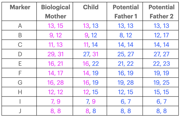 A test result for biological mother, child, potential father 1 (brother 1), and potential father 2 (brother 2).