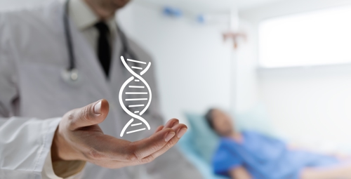 Image showing a clinician holding a DNA chain icon with a patient in the background.