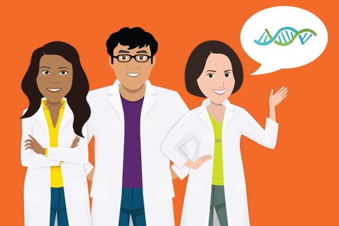 Illustration of three biologists with a speech bubble