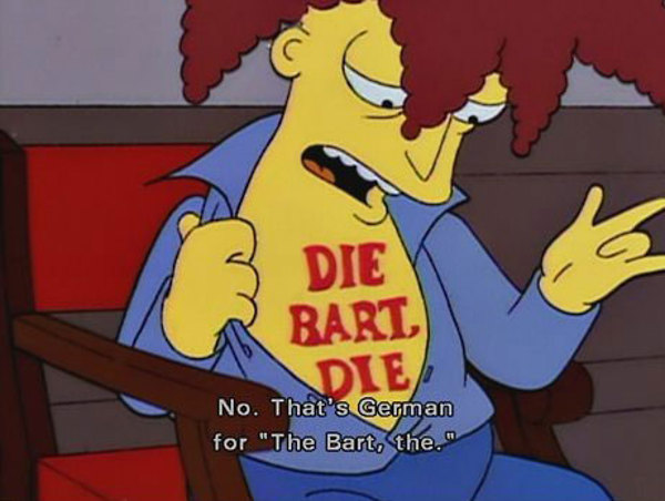 Sideshow Bob from "The Simpsons", with a tattoo that says "Die Bart, Die".